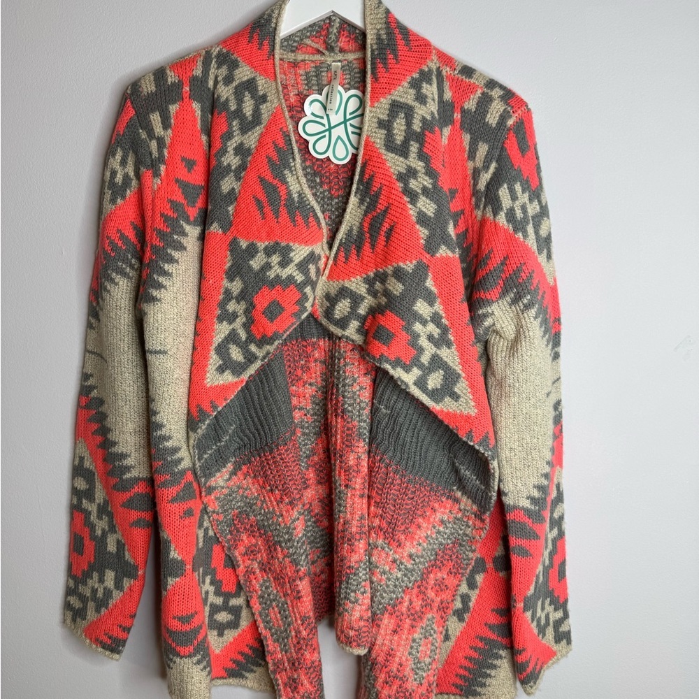 Aztec Patterned Hot Pink, Cream and Gray Women's Cardigan | ONE SIZE - Picture 2 of 5